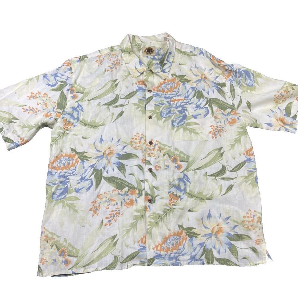 Pussers West Indies Shirt Mens Green Floral‎ Coastal Linen Button Short Sleeve